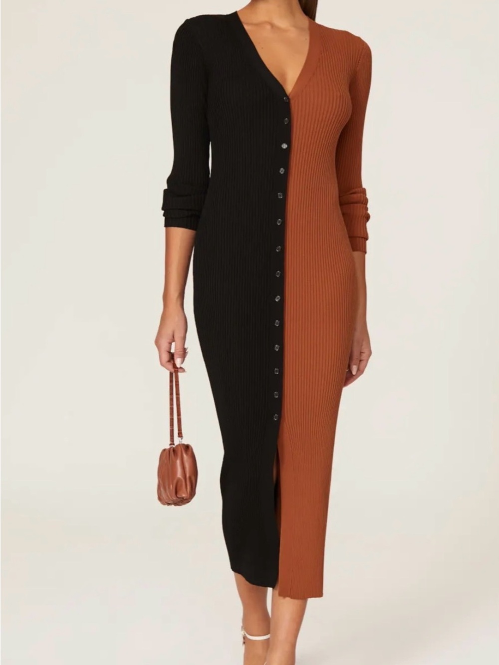STAUD Shoko Color Block Black and Brown Ribbed Button-Front Midi Dress
